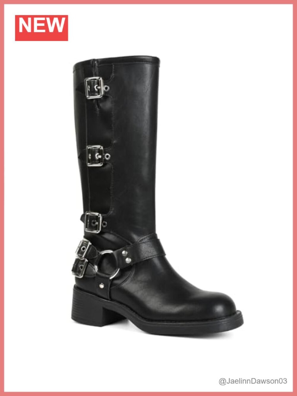 Knee High Combat Boots Women Moto Biker Chunky Heel Square Toe Pull-On Buckle